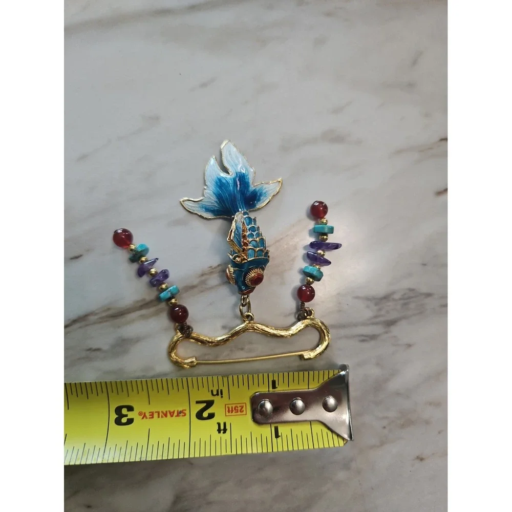 Vintage Cloisonne Enamel Koi Fish Brooch Gold Tone Accent Wearable Art